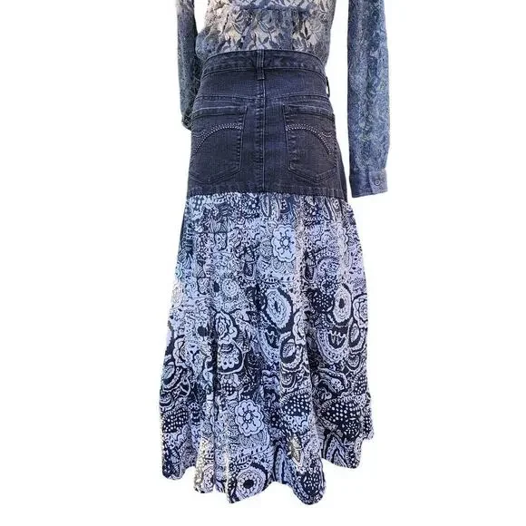 Gloria Vanderbilt Dark Wash Denim Black White Cotton Peasant Reconstructed Skirt - Picture 5 of 9